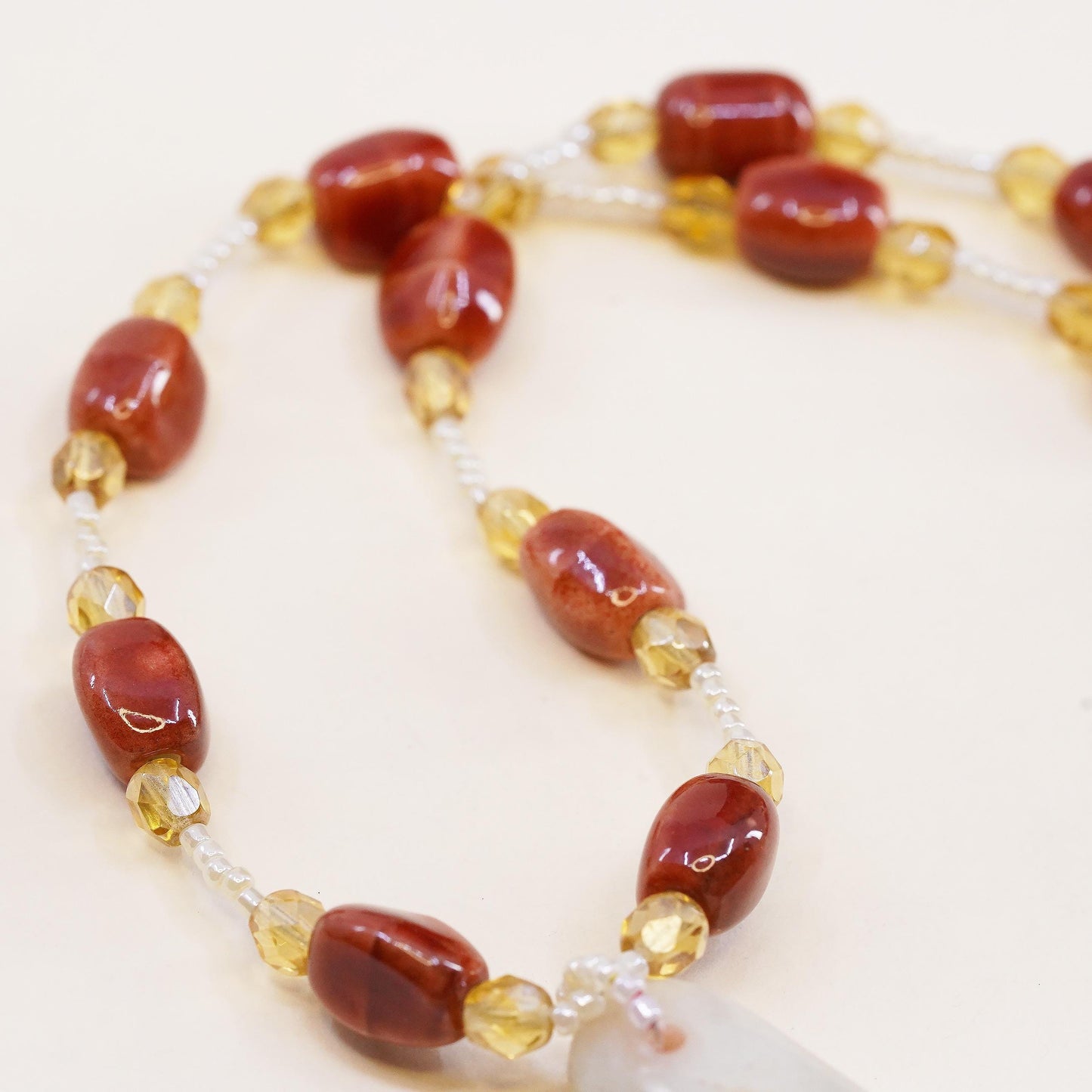 18”, VTG Red Vein Jasper Teardrop Pendant Necklace, Red Enamel Sterling Silver