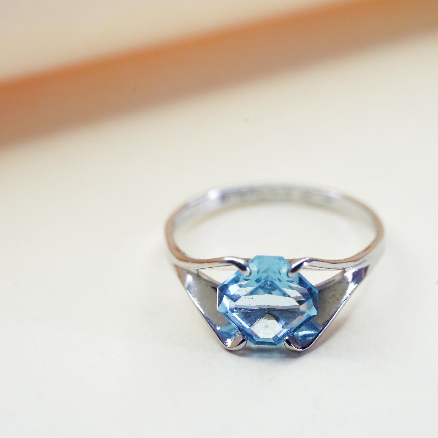Size 6, vintage signed Sterling silver statement ring, 925 band with blue topaz