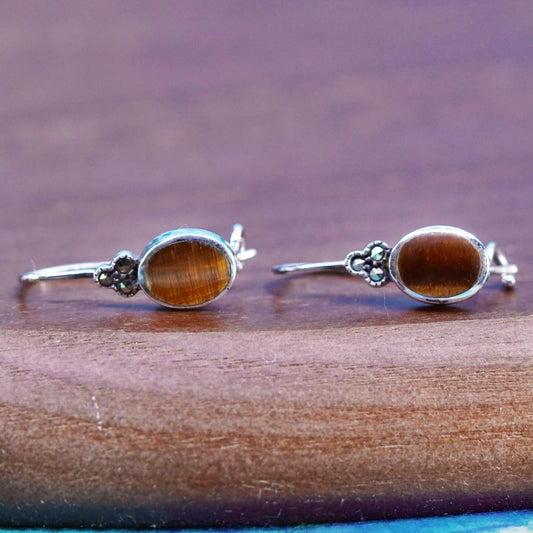 Vintage sterling silver earrings 925 golden tiger eye inlay and marcasite