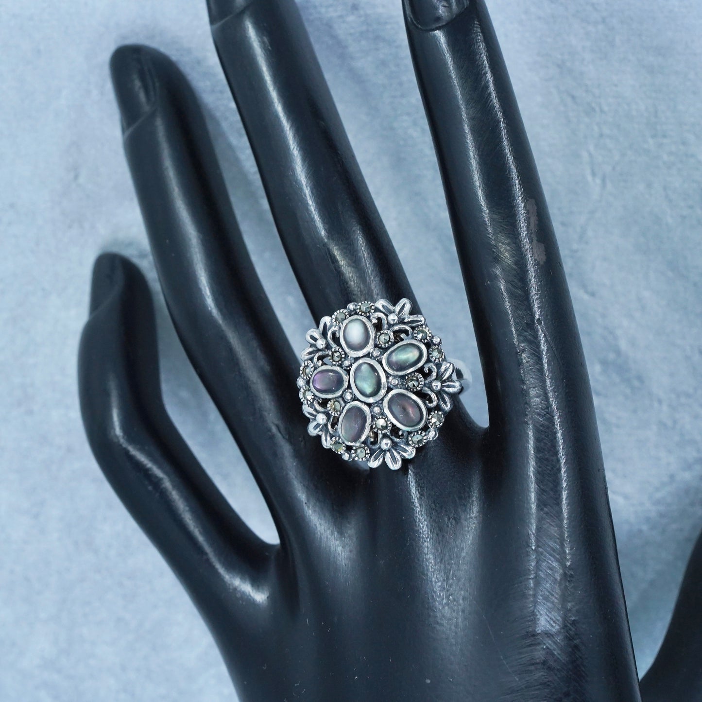 Size 8, southwestern 925 silver ring with abalone and marcasite floral details