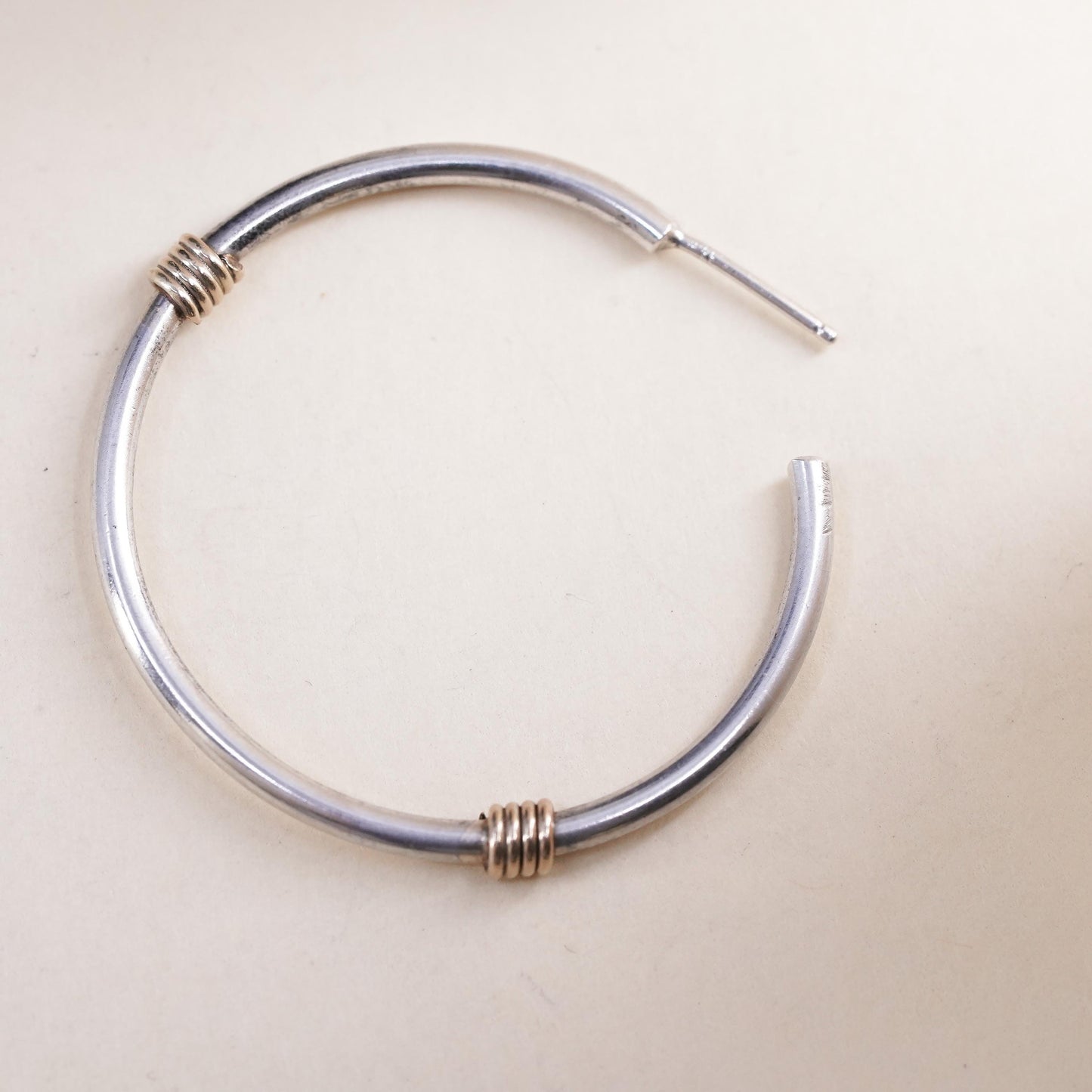1.5", two tone sterling 925 silver loop single earring, fashion hoop brass wire