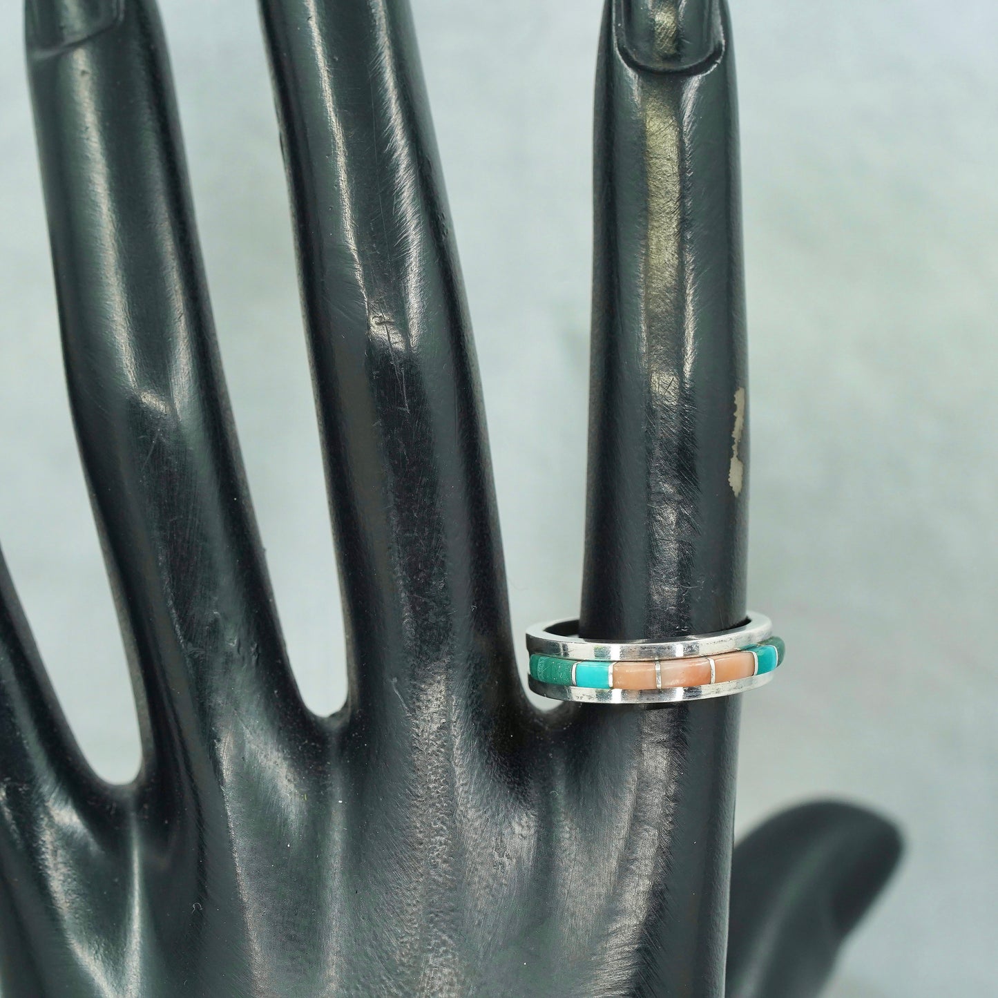 Size 7, Native American navajo Sterling 925 silver band ring turquoise coral