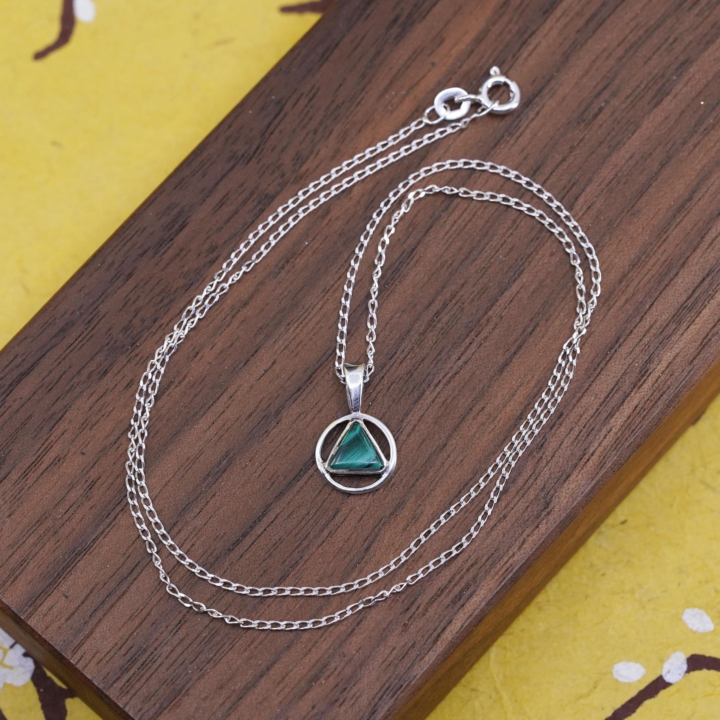 18” Vintage Sterling silver curb necklace southwestern pendant malachite inlay