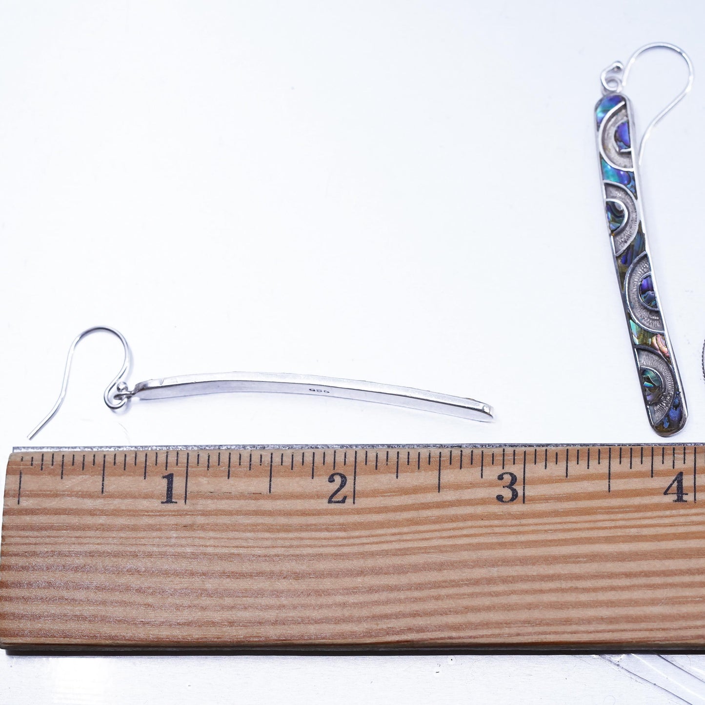 3” drop, Vintage Sterling 925 silver handmade long earrings with abalone inlay