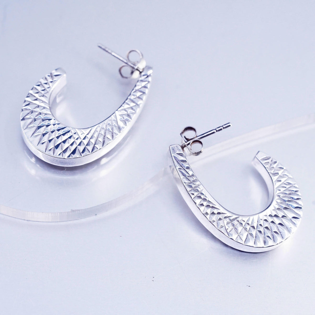 1", Vintage Sterling Silver 925 Textured Crescent Earrings, Wide J Hoop Studs