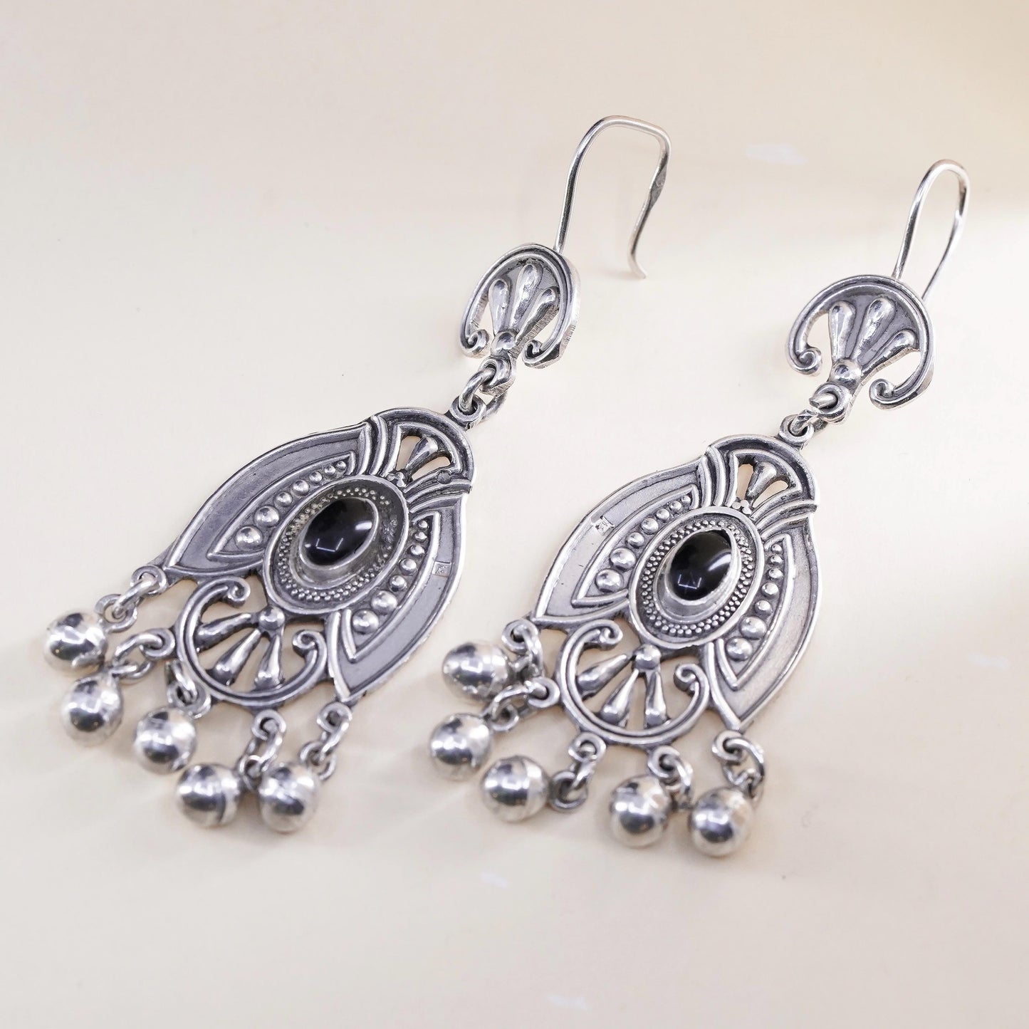 Vintage sterling 925 silver handmade earrings with onyx and bead dangles