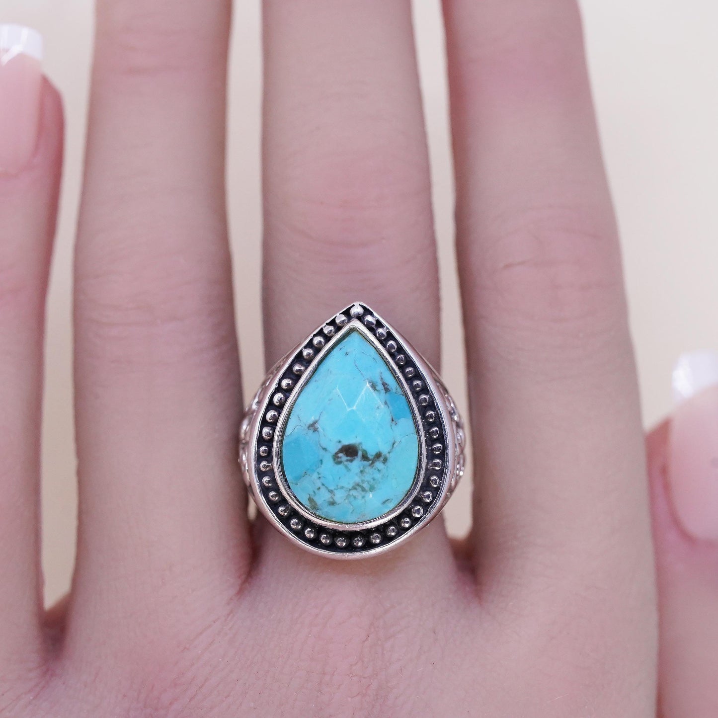 Size 7, Southwestern sterling silver ring, filigree 925 ring teardorp turquoise