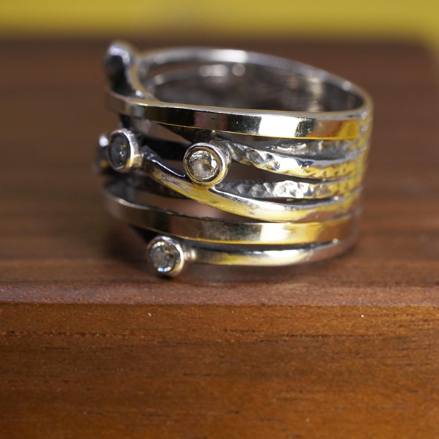 Size 8, vintage two tone Sterling 925 silver handmade wide ribbed ring with cz