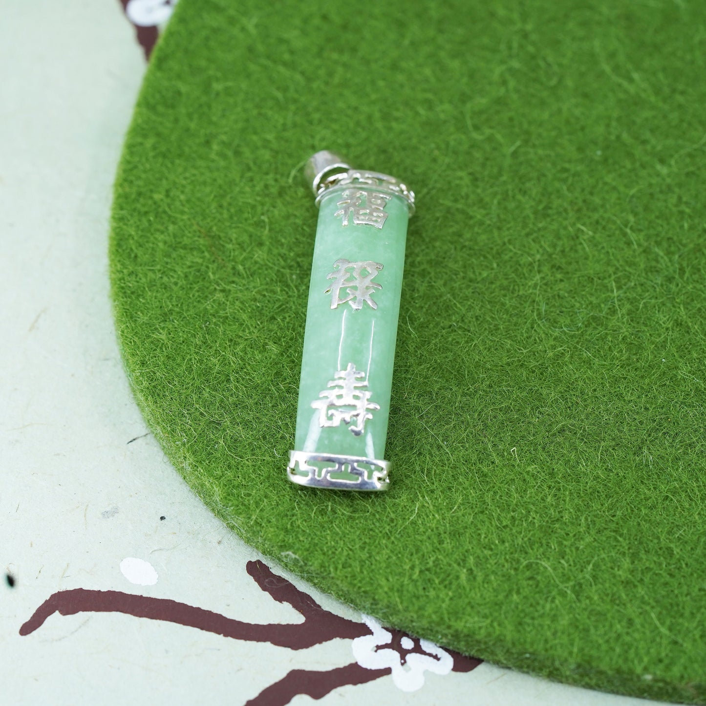 vtg sterling 925 silver pendant with jade and happiness, wealth and longevity