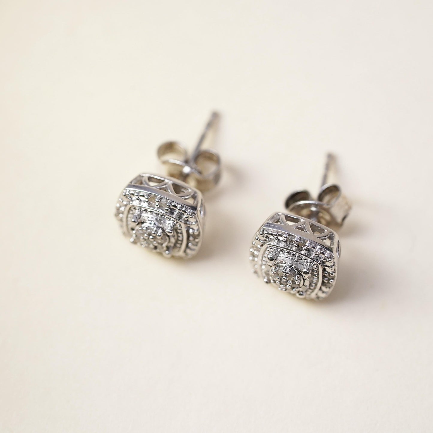 Vintage sterling silver handmade earrings, 925 studs with cluster diamonds