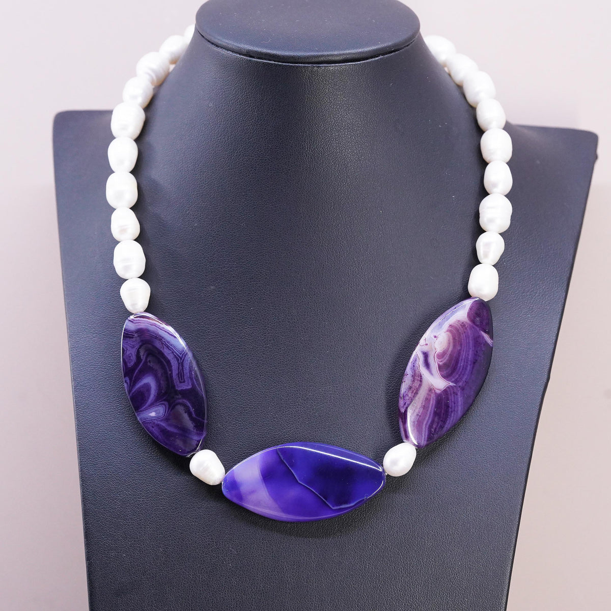 18+2", vintage Sterling 925 silver necklace 9mm freshwater pearls purple agate