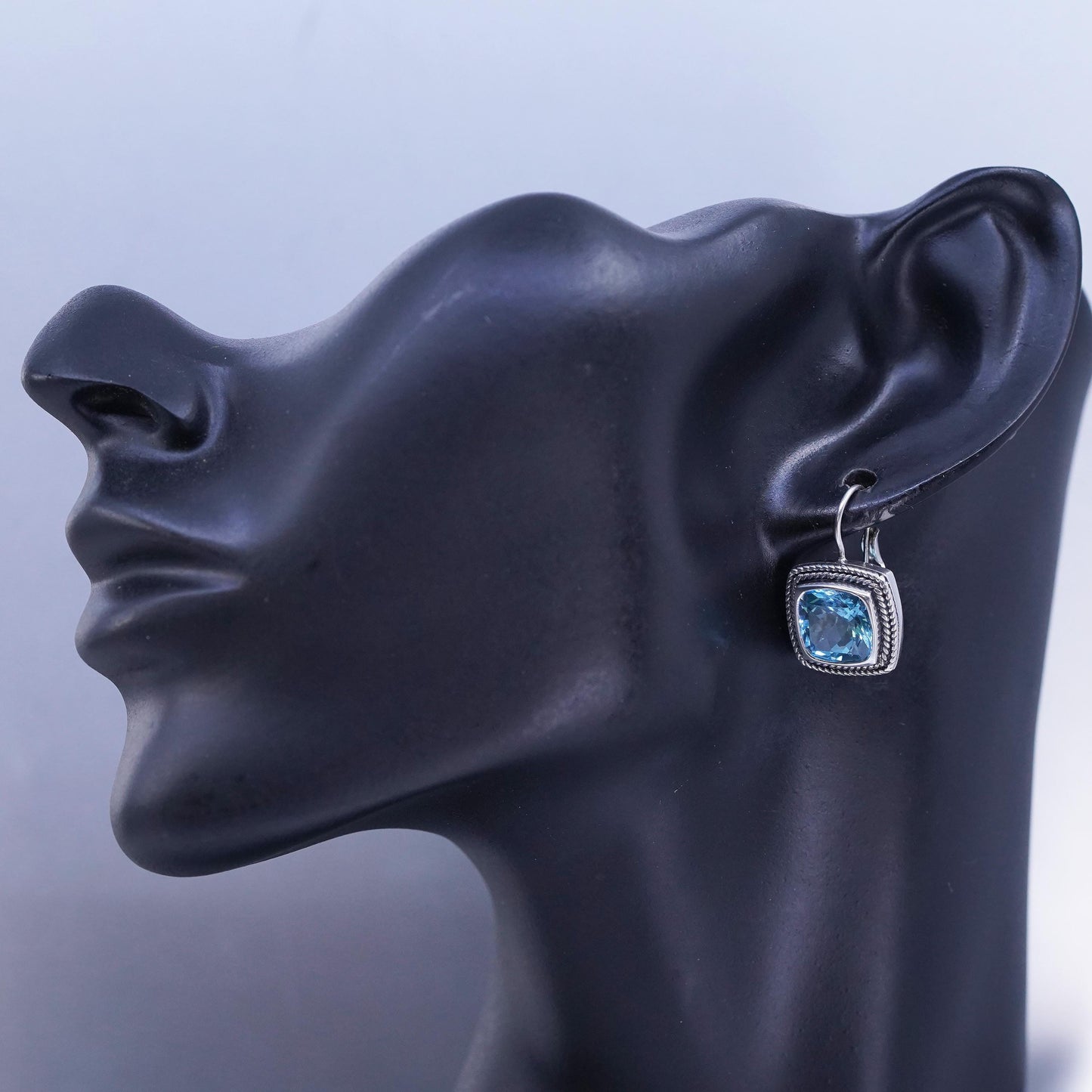 Vintage Sterling 925 silver handmade earrings with square blue topaz lever back