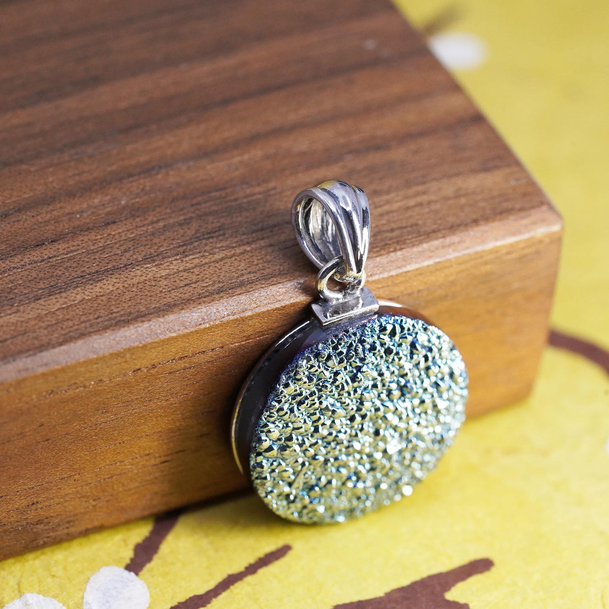 Vintage Sterling silver handmade pendant, 925 circle with blue druzy stone