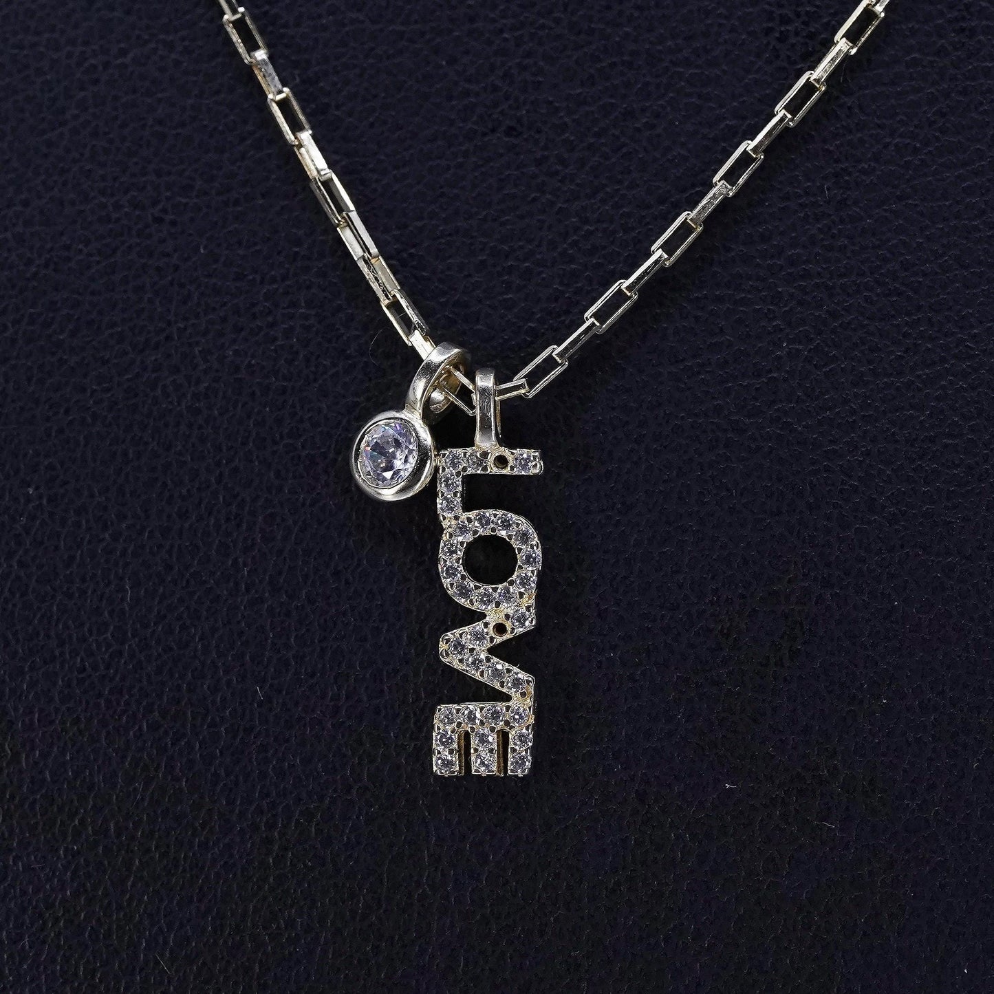 16+2”, Sterling 925 silver elongated chain necklace with gold Love pendant Cz
