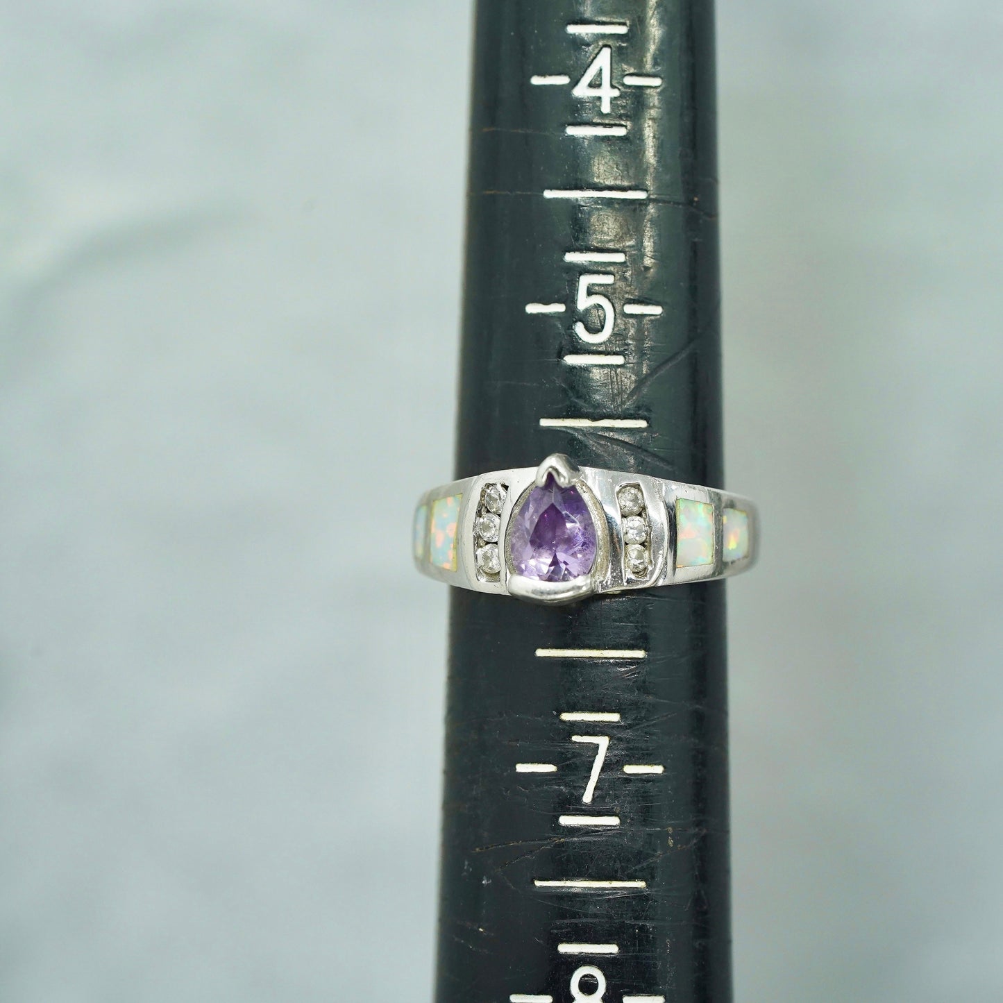 Size 6, vintage Sterling 925 silver handmade ring with amethyst and opal inlay