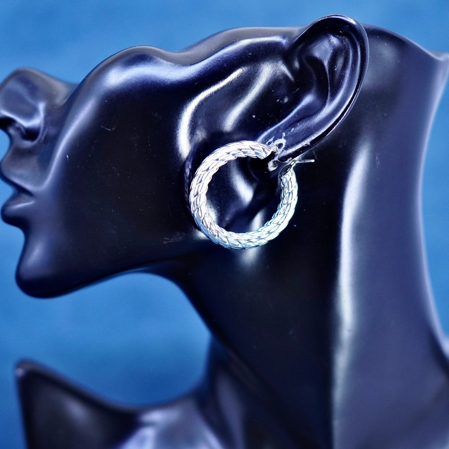 1.25”, Italian Sterling silver handmade earrings, textured 925 hoops Huggie