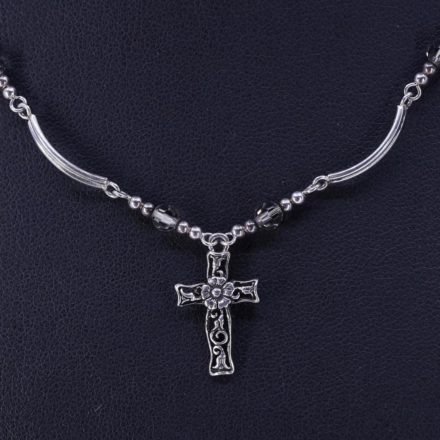 16”, vintage Sterling 925 silver curvy bar necklace with filigree cross pendant