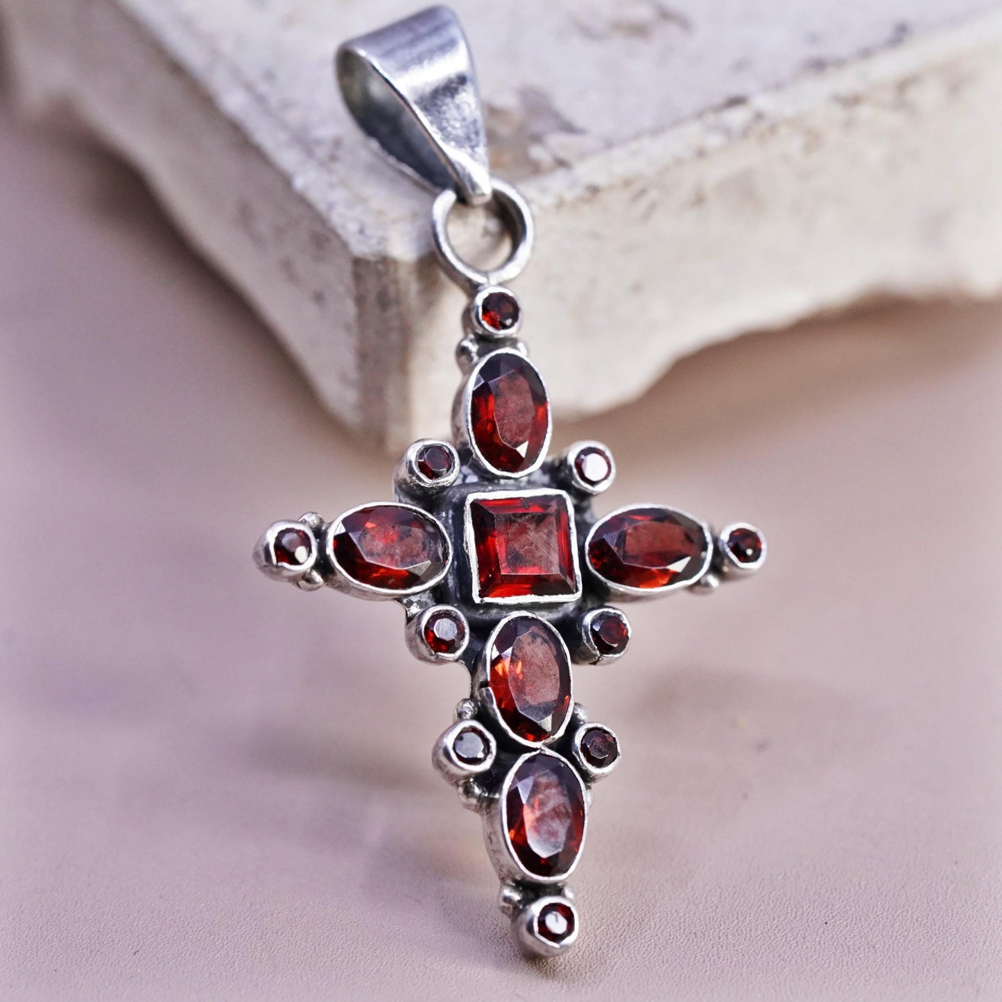 Vintage Sterling silver handmade pendant, 925 cluster ruby cross, stamped 925