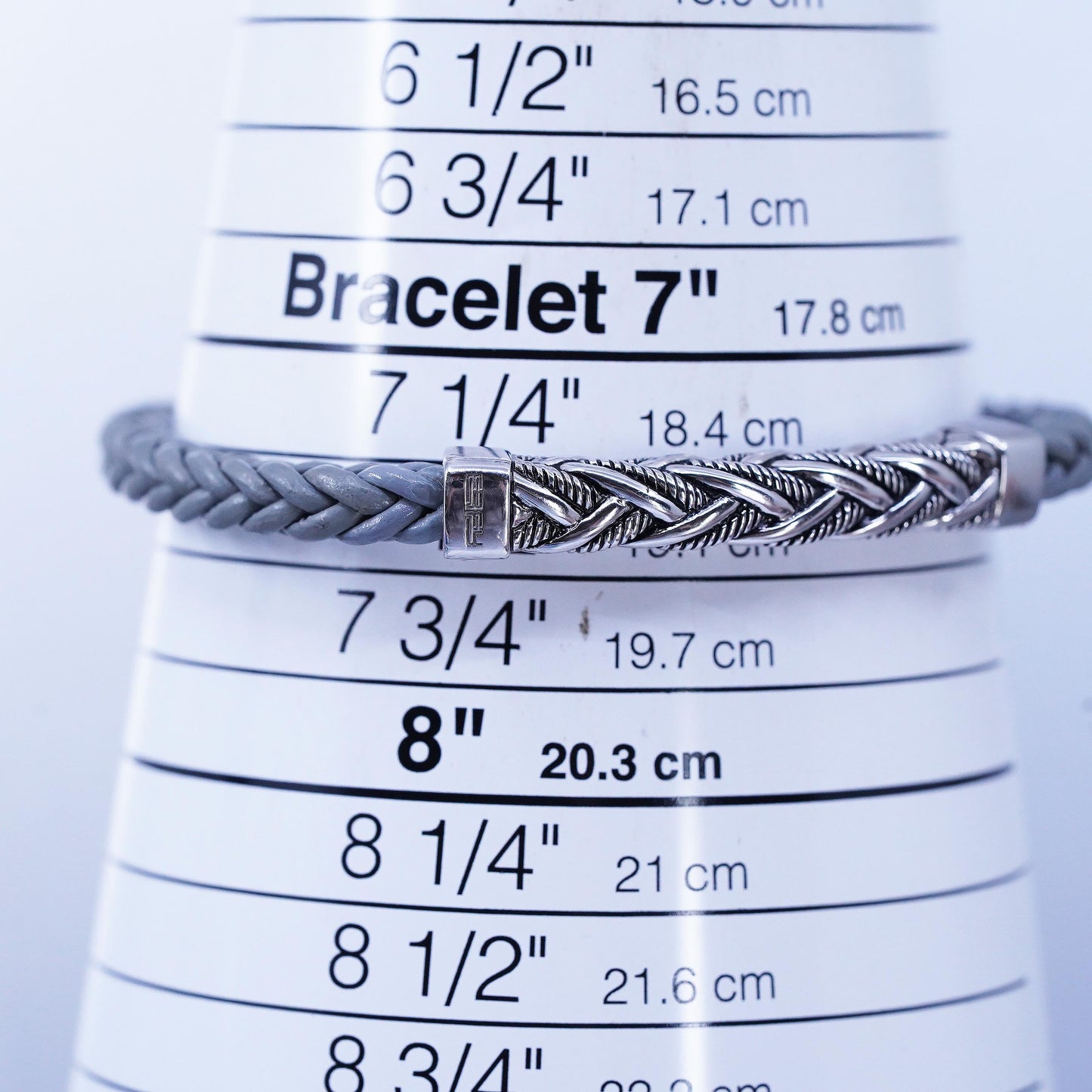 7.5", EFFY Men's Woven Gray Leather Bracelet with Sterling Silver 925 Cable bar