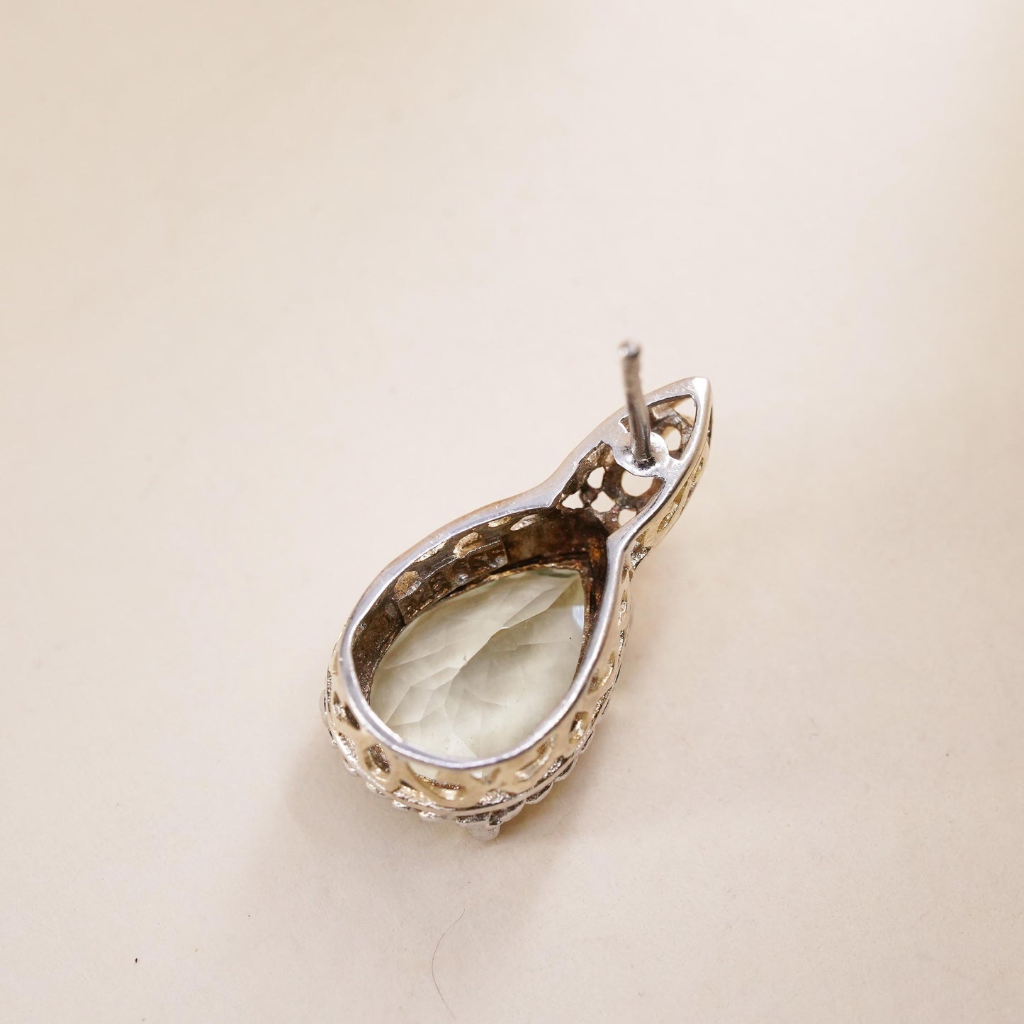 Vintage two tone single earring. Sterling 925 silver teardrop stud chalcedony