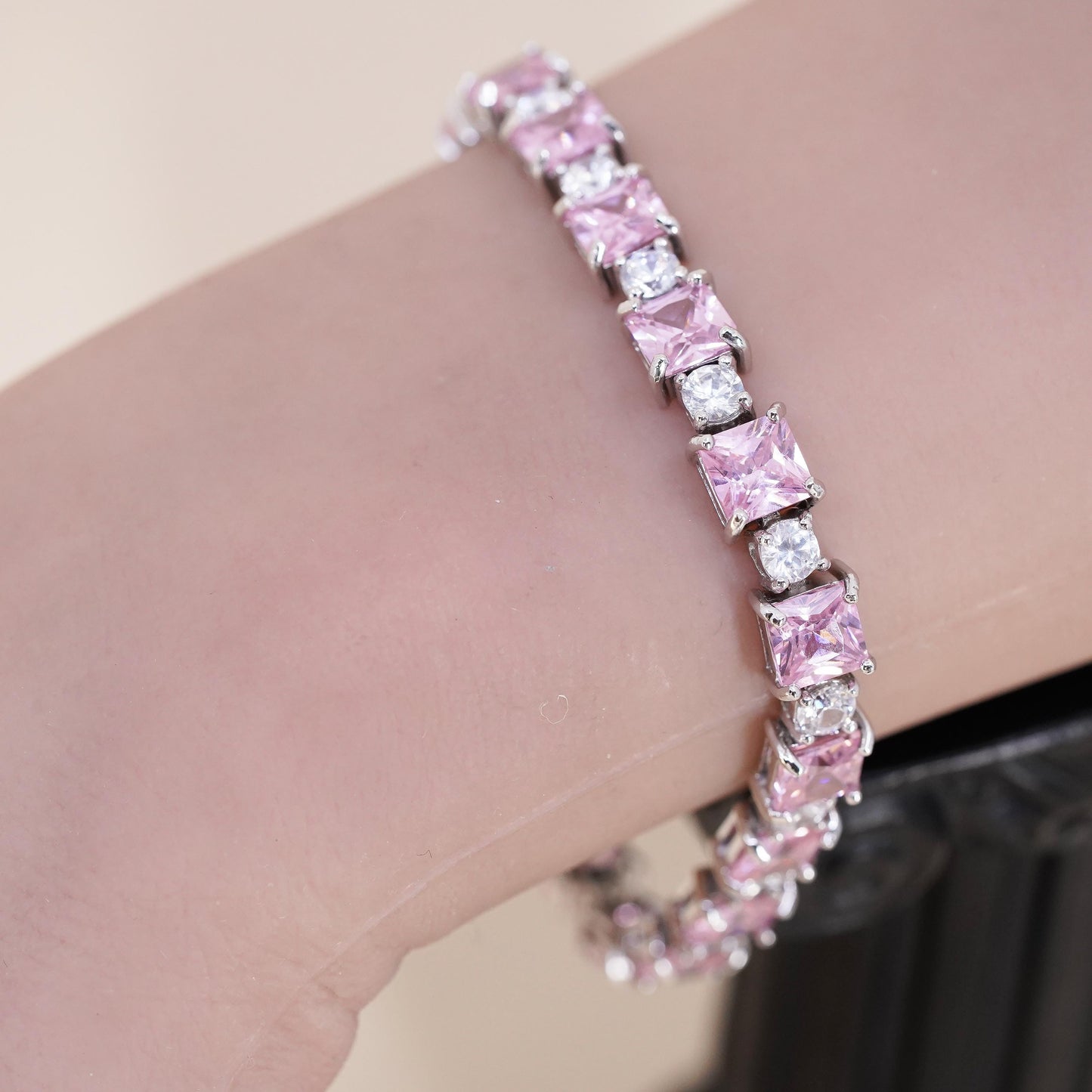 7", Vintage Sterling 925 silver tennis bracelet with square pink cz