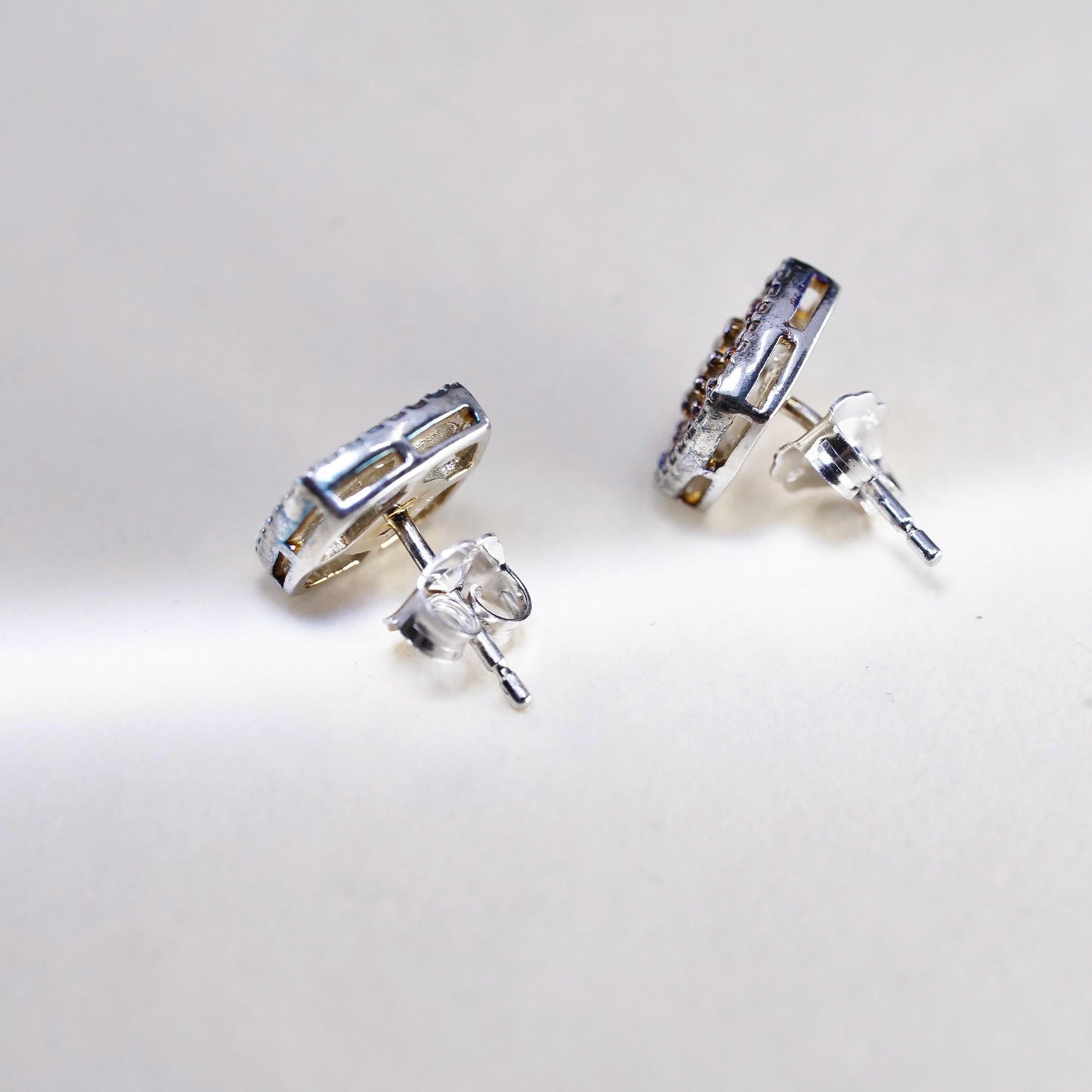 Vintage sterling silver handmade earrings, 925 square shaped studs with diamond