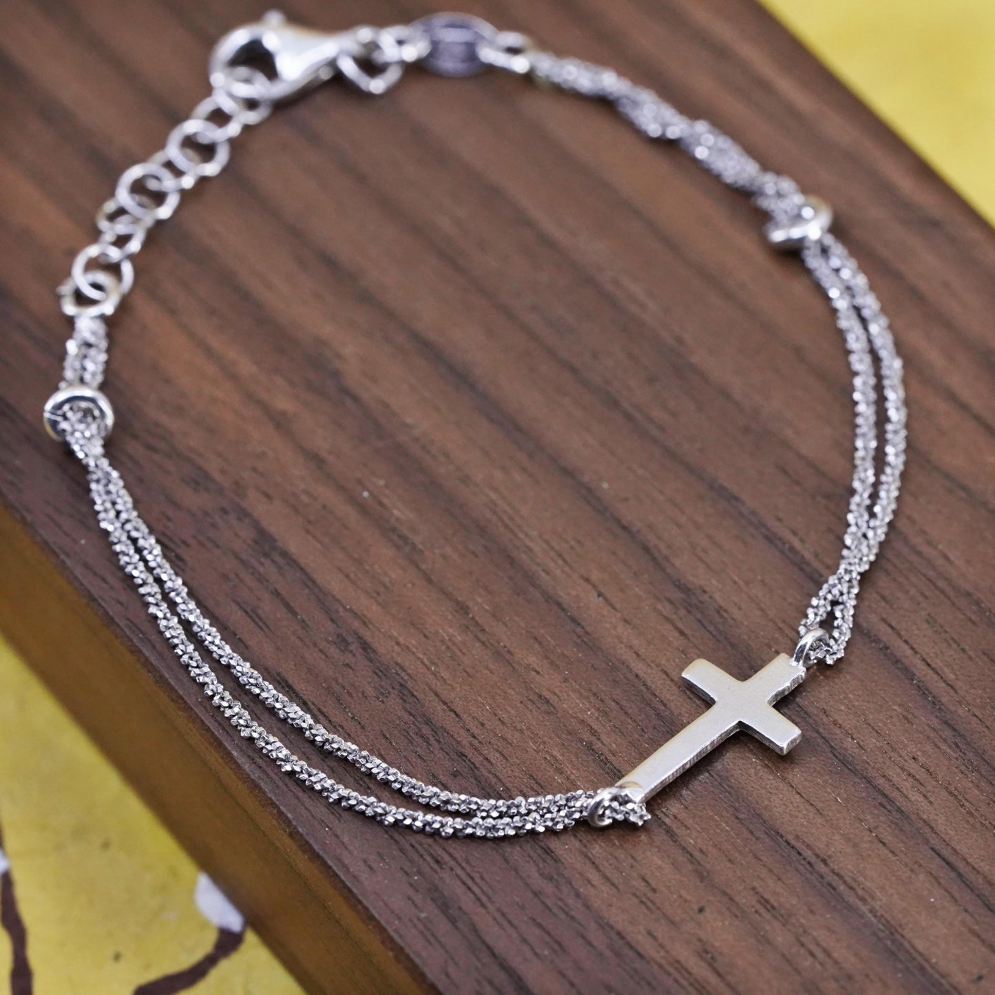 7.75", Dyadema Sterling silver bracelet, 925 double strands chain cross charm