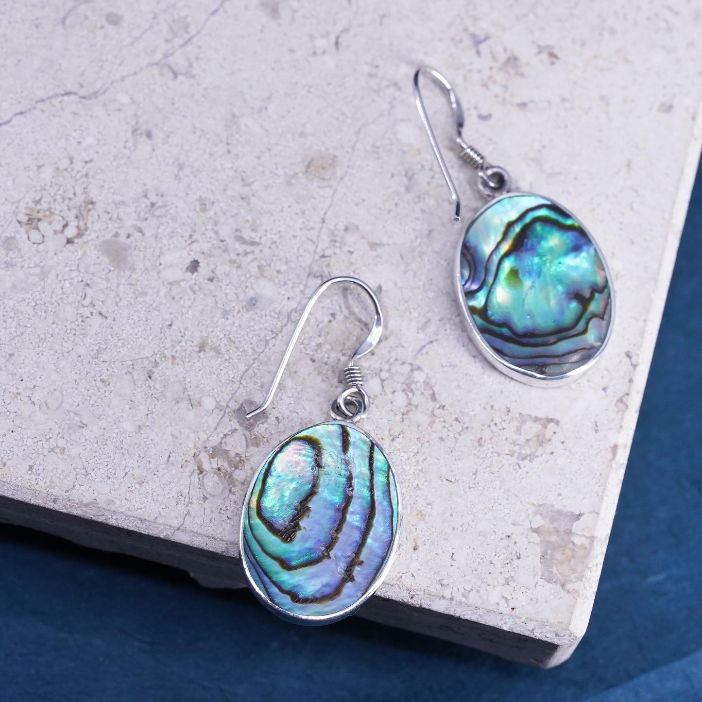 Vintage Sterling Silver 925 handmade oval tree earrings with abalone inlay
