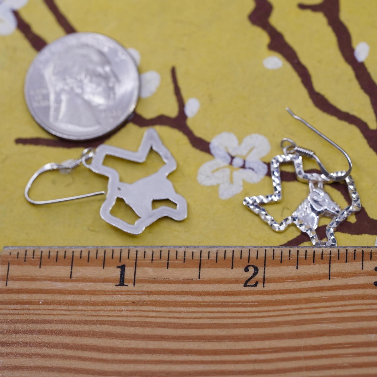 Vintage Sterling 925 silver handmade textured Texas state map earrings horse