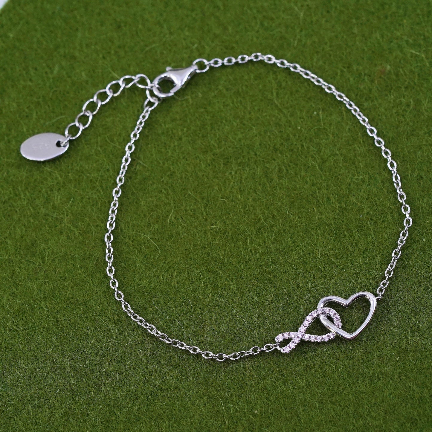 6.75+1”, Vintage sterling silver bracelet, 925 circle chain with heart charm cz