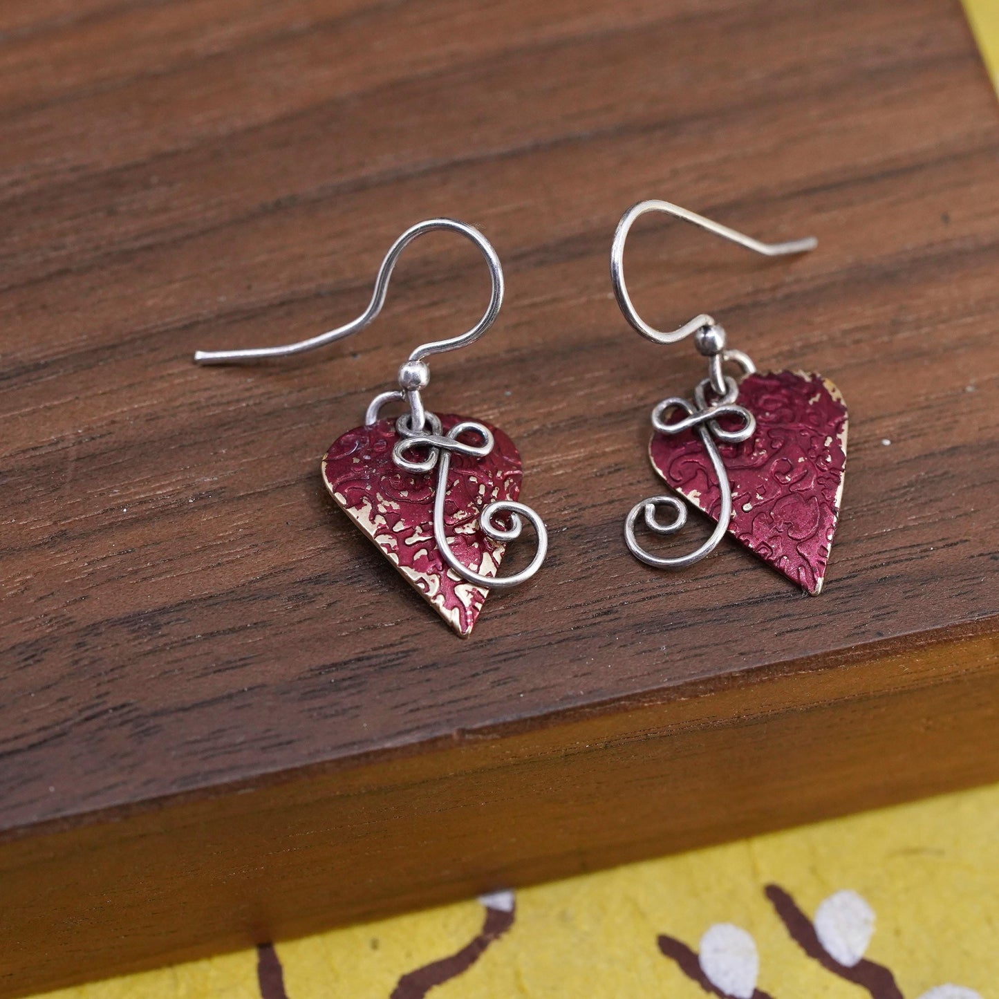 VTG Sterling silver handmade earrings, 925 Hammered disc swirly sprial dangles