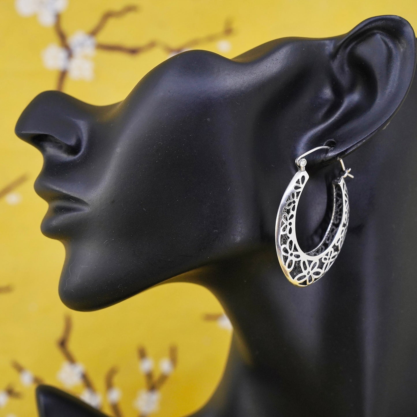 1.75", VTG Sterling silver filigree earrings, 925 handmade oval huggie hoops