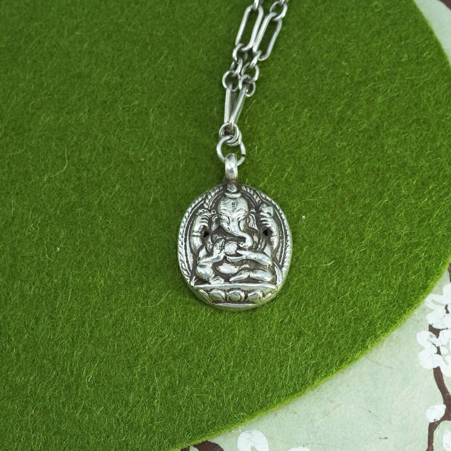 18”, Sterling 925 silver elongated necklace Ganesha elephant head god pendant