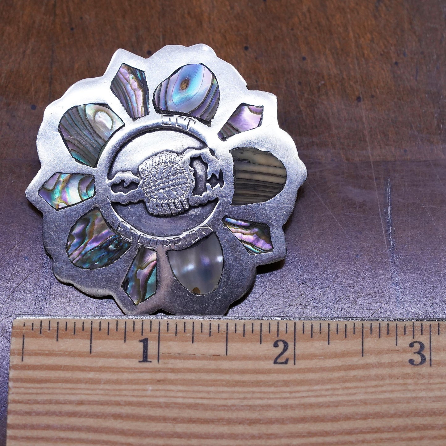 Vintage southwestern handmade sterling 925 silver flower brooch with abalone