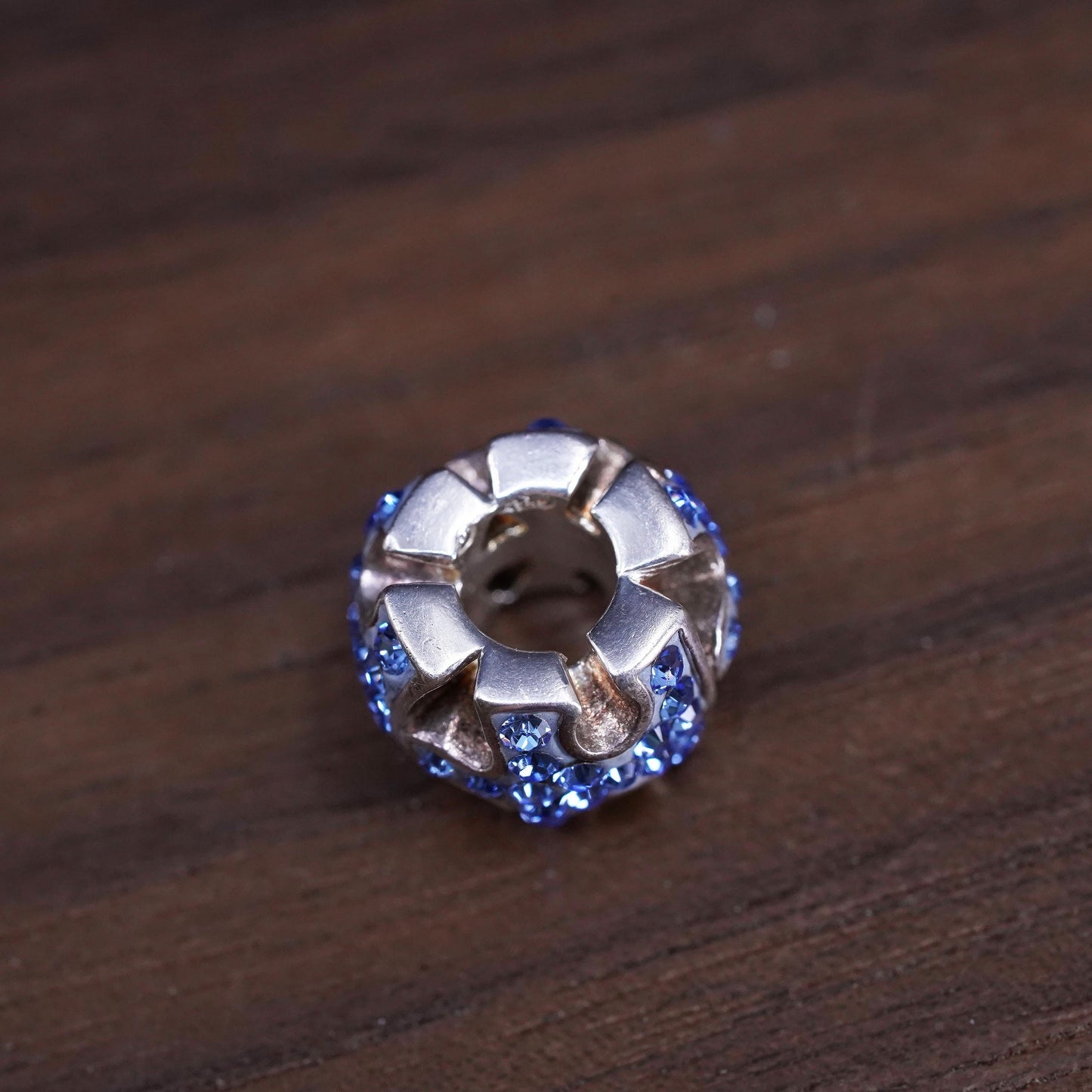 Vintage Sterling 925 silver handmade puzzle bead charm with cluster cz