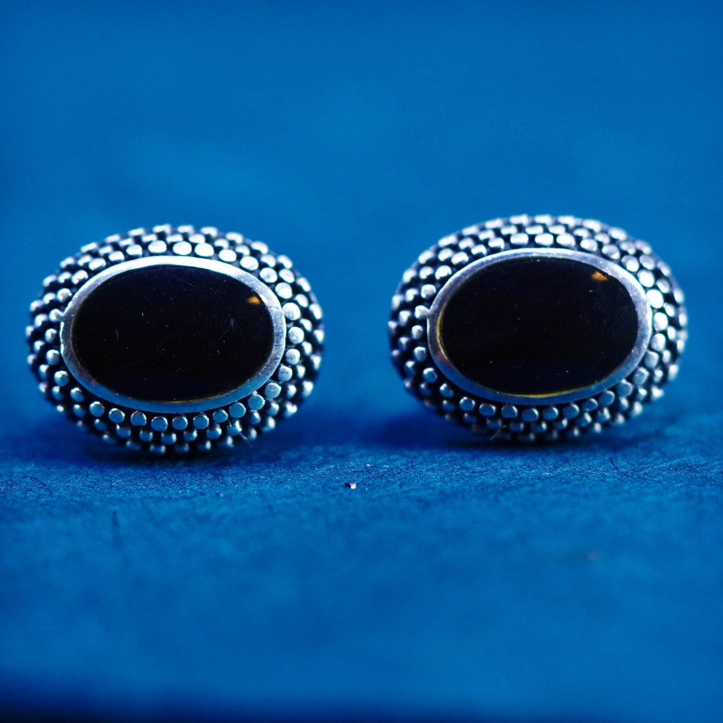 Vintage Sterling silver earrings, 925 oval studs with onyx