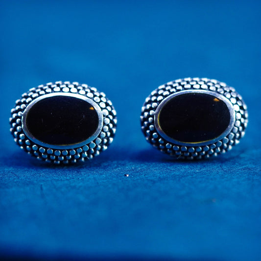 Vintage Sterling silver earrings, 925 oval studs with onyx