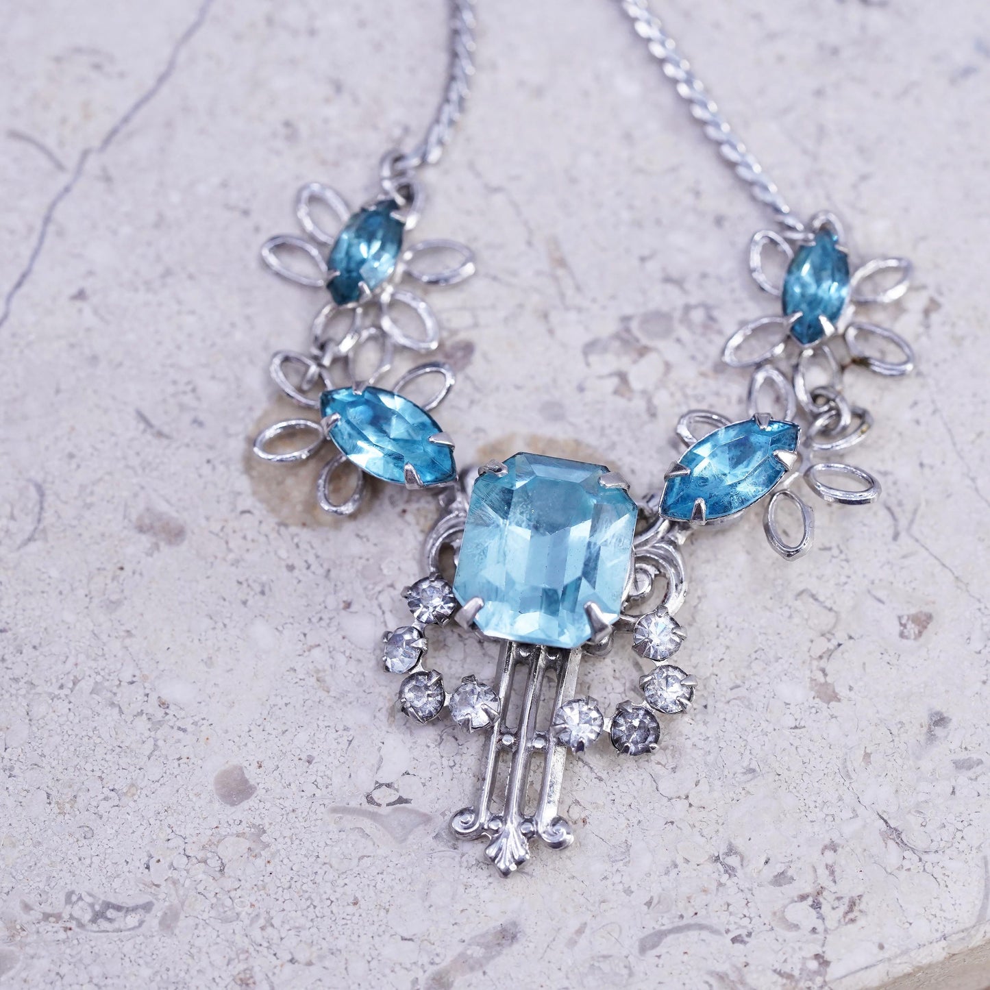 16", vintage white gold GF necklace with blue Rhinestone