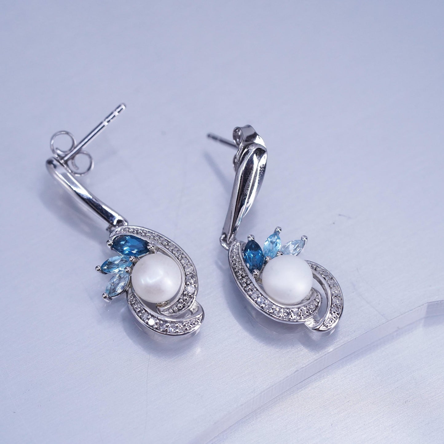 Vintage Sterling 925 silver handmade earrings with pearl topaz and diamonds