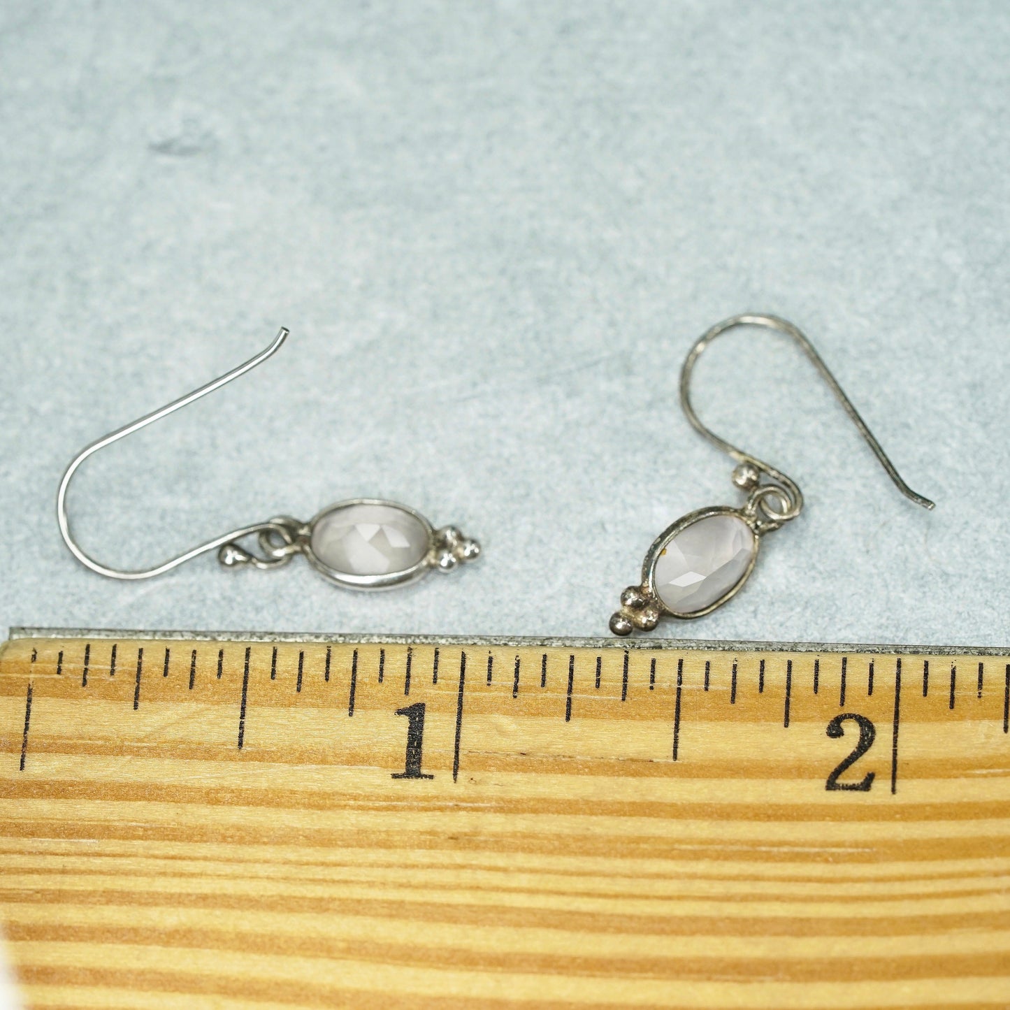 Vintage Sterling 925 silver handmade oval earrings with pale pink quartz