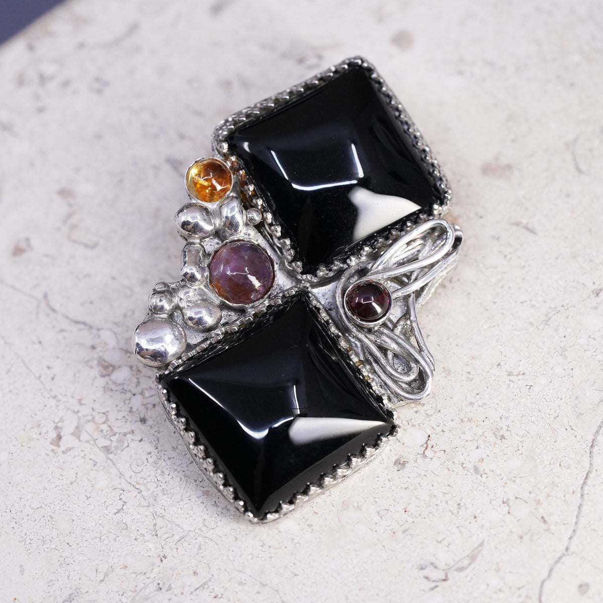 Vintage Southwestern Sterling 925 Silver Onyx Brooch Pendant Amethyst Garnet Pin