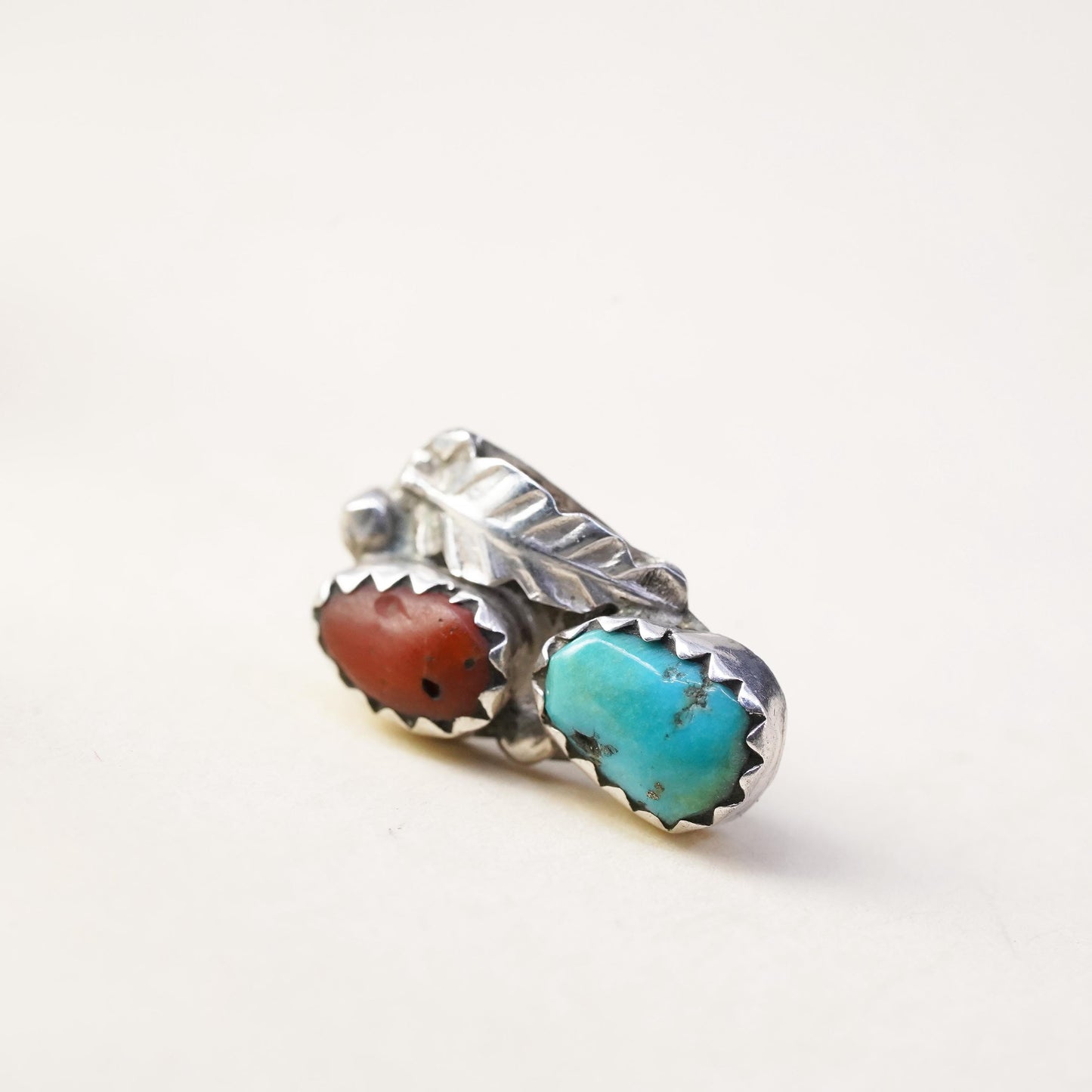 Native American Navajo single earring. Sterling 925 silver teardrop stud coral
