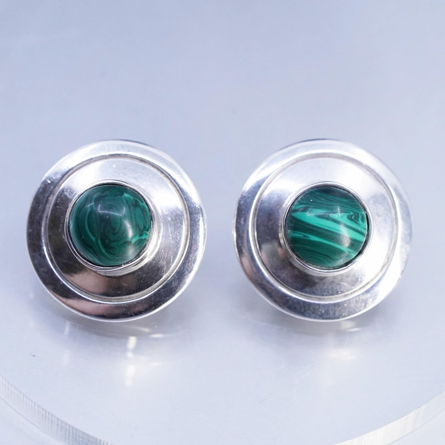 Vintage Mexican 925 Sterling Silver malachite onyx inlay circle studs Earrings