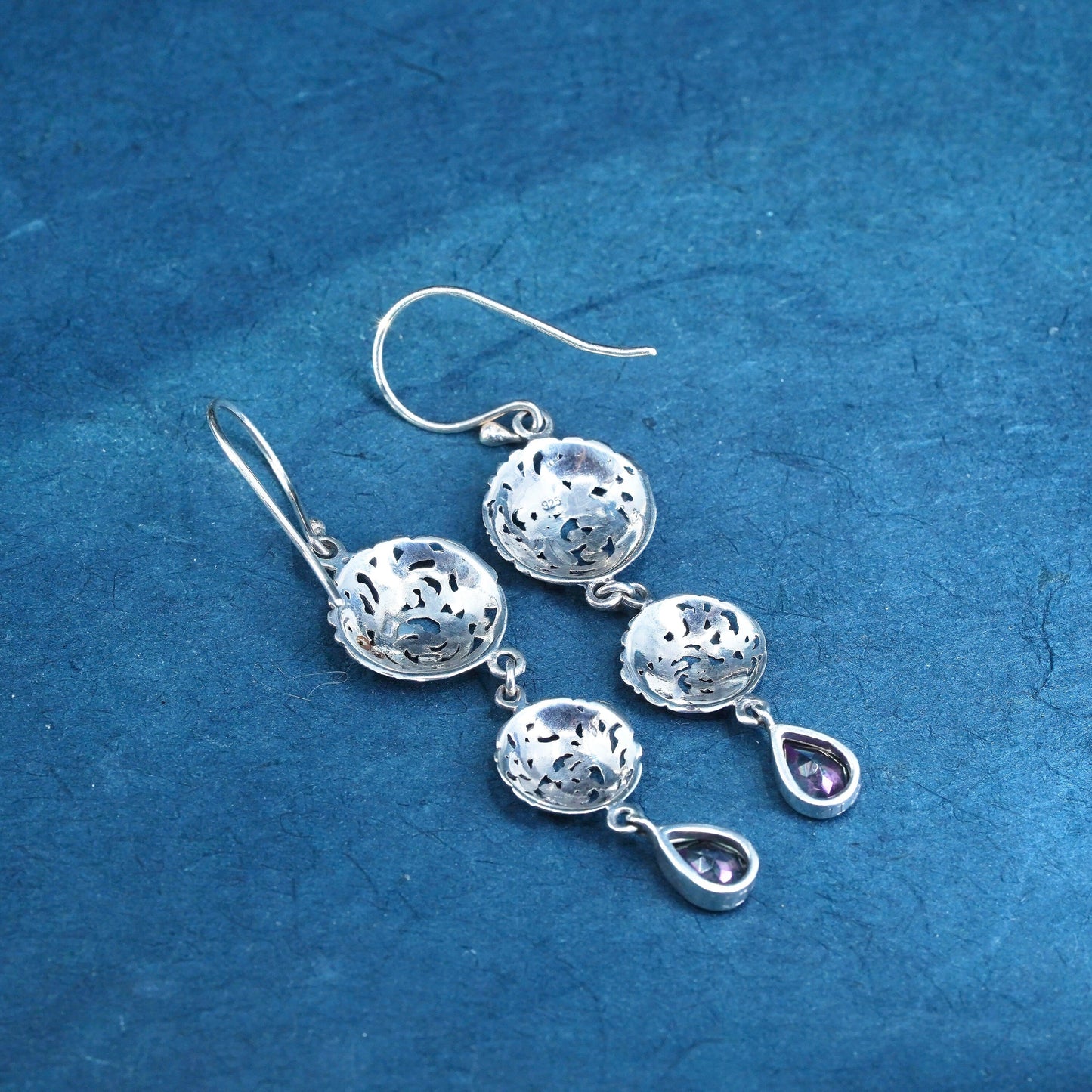 Sterling silver earrings, 925 filigree drops teardrop rainbow topaz