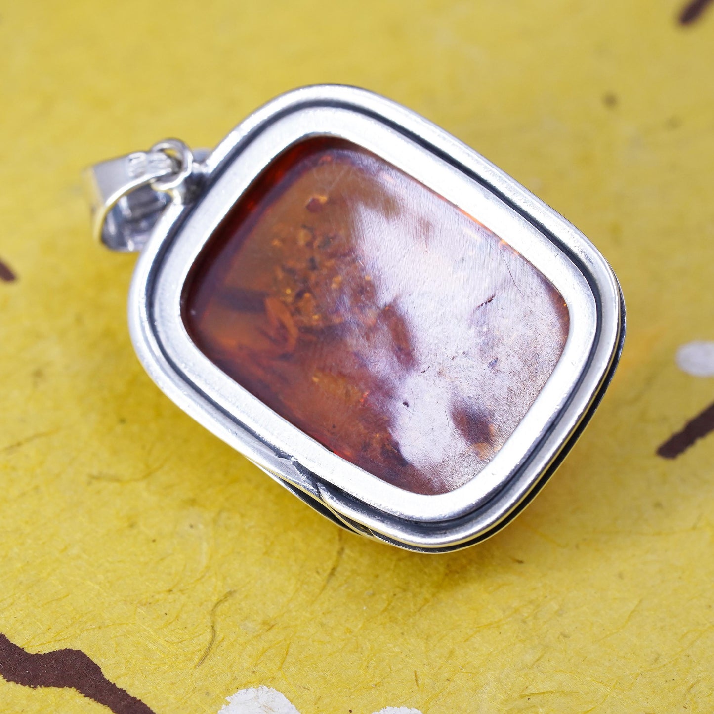 Vintage modern Sterling 925 silver handmade pendant with amber pendant