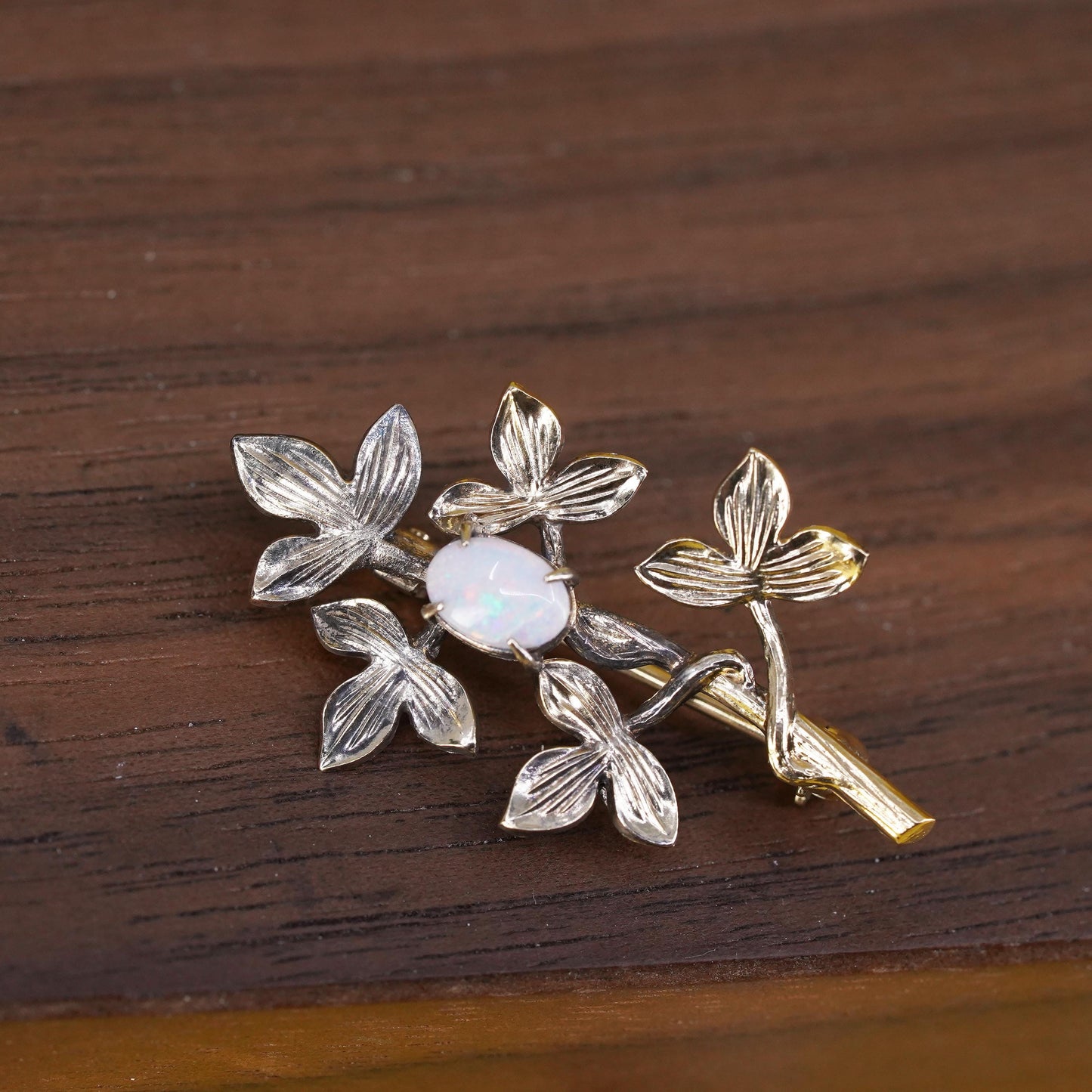 Vintage Vermeil gold over handmade sterling 925 silver tree brooch with opal