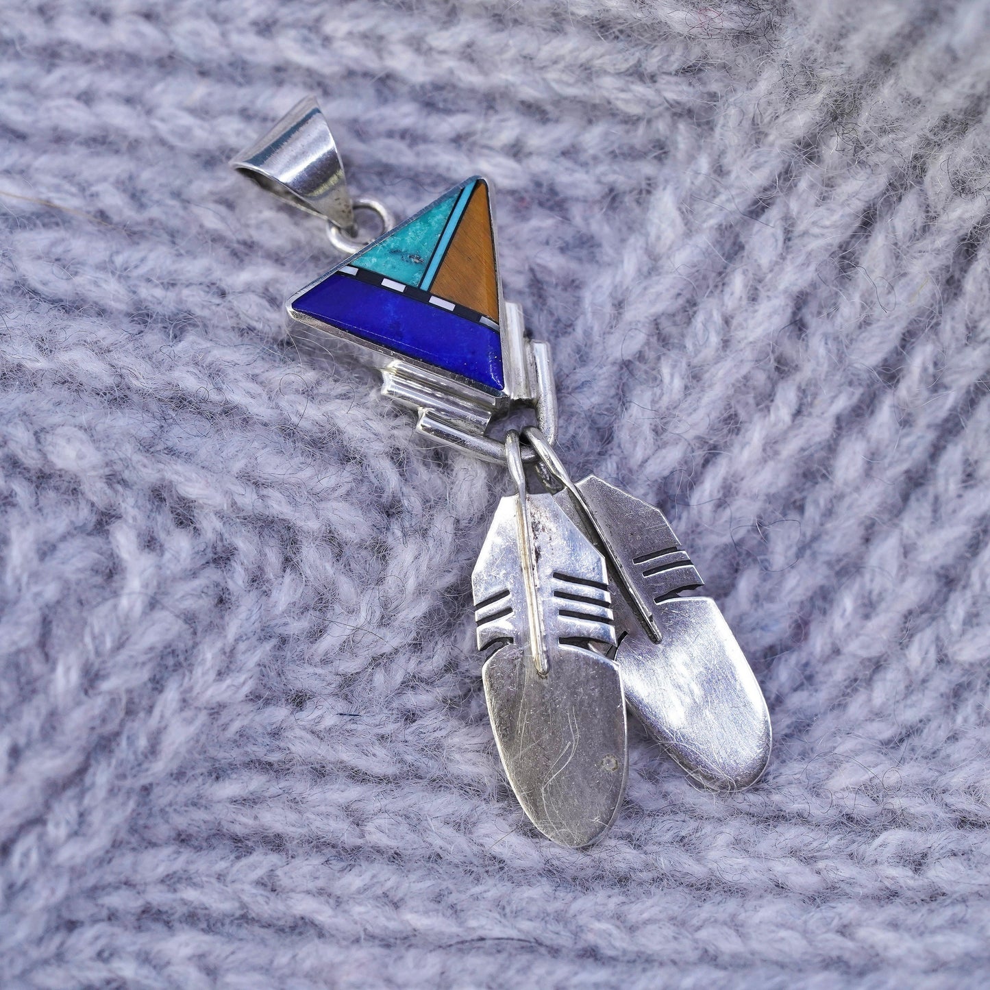 Native American Zuni Sterling 925 silver Duran Gasper Turquoise Pendant feather