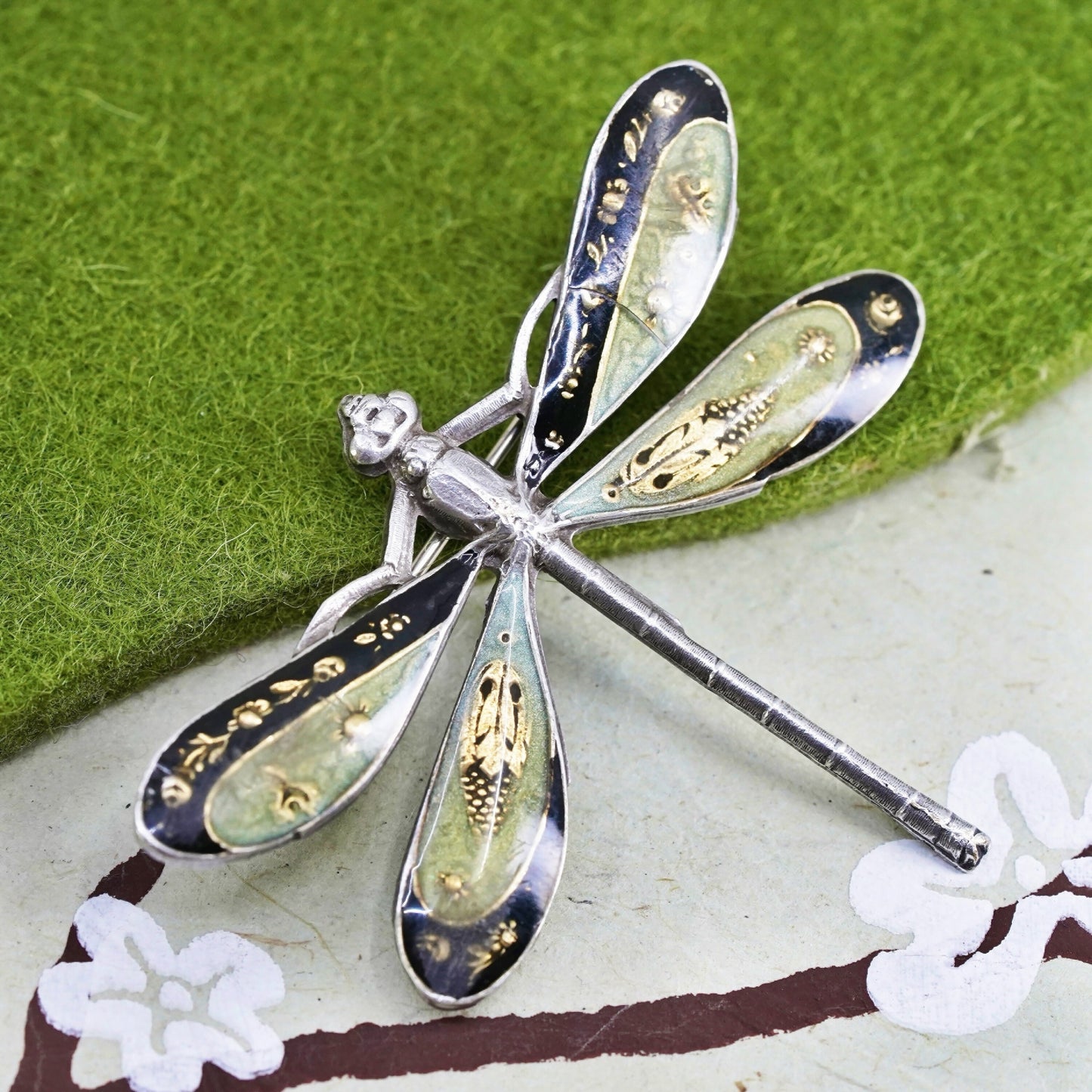Vintage Catherine Popesco France enamel Silver Tone Rhinestone Dragonfly Pin