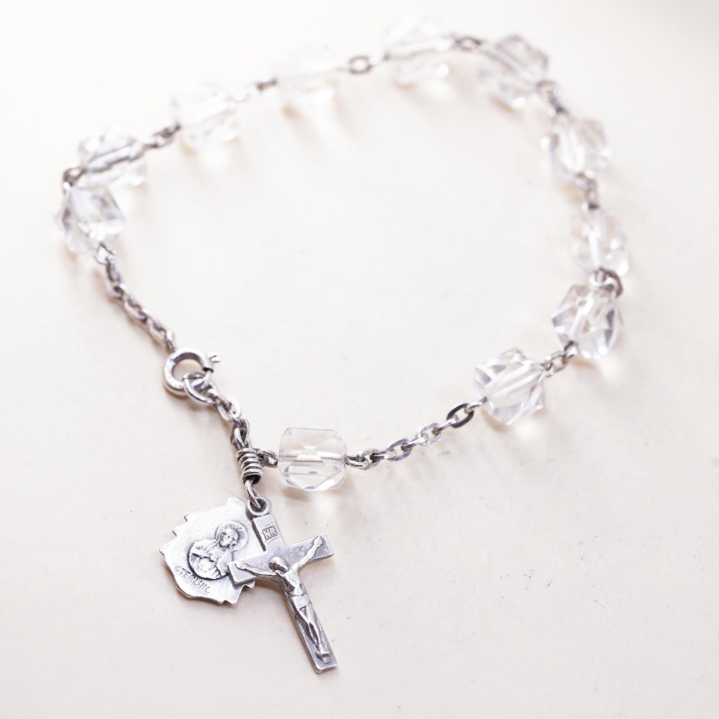 7”, sterling 925 silver crystal bead bracelet Virgin Mary cross metal charms