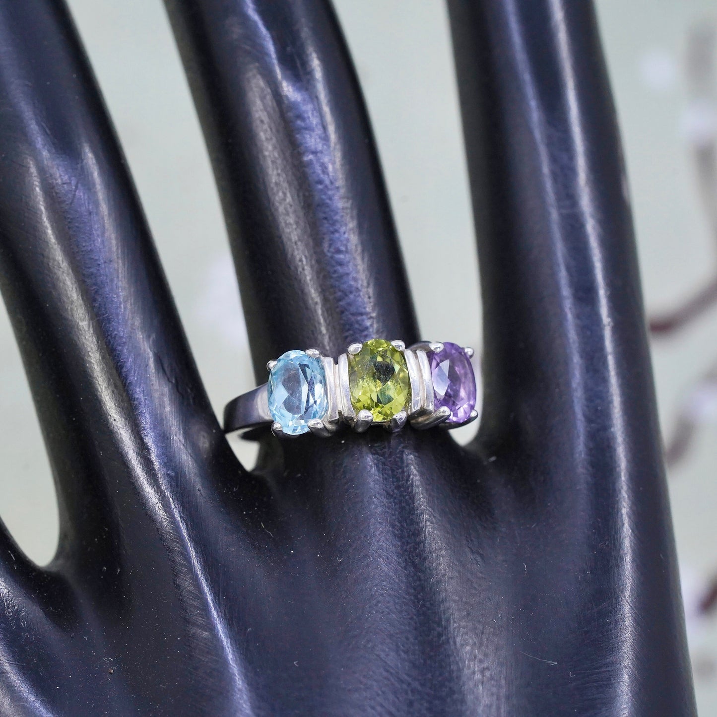 Size 9, vintage sterling 925 silver handmade ring with topaz peridot amethyst